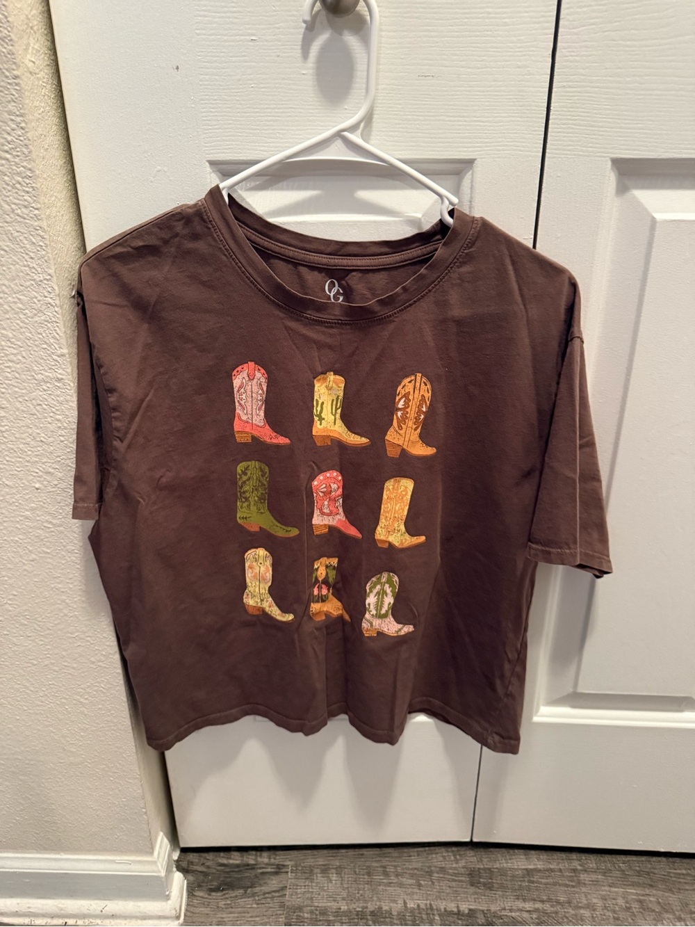 Women’s Brown Short Sleeve Graphic Tee with Cowboy Boot Motif
